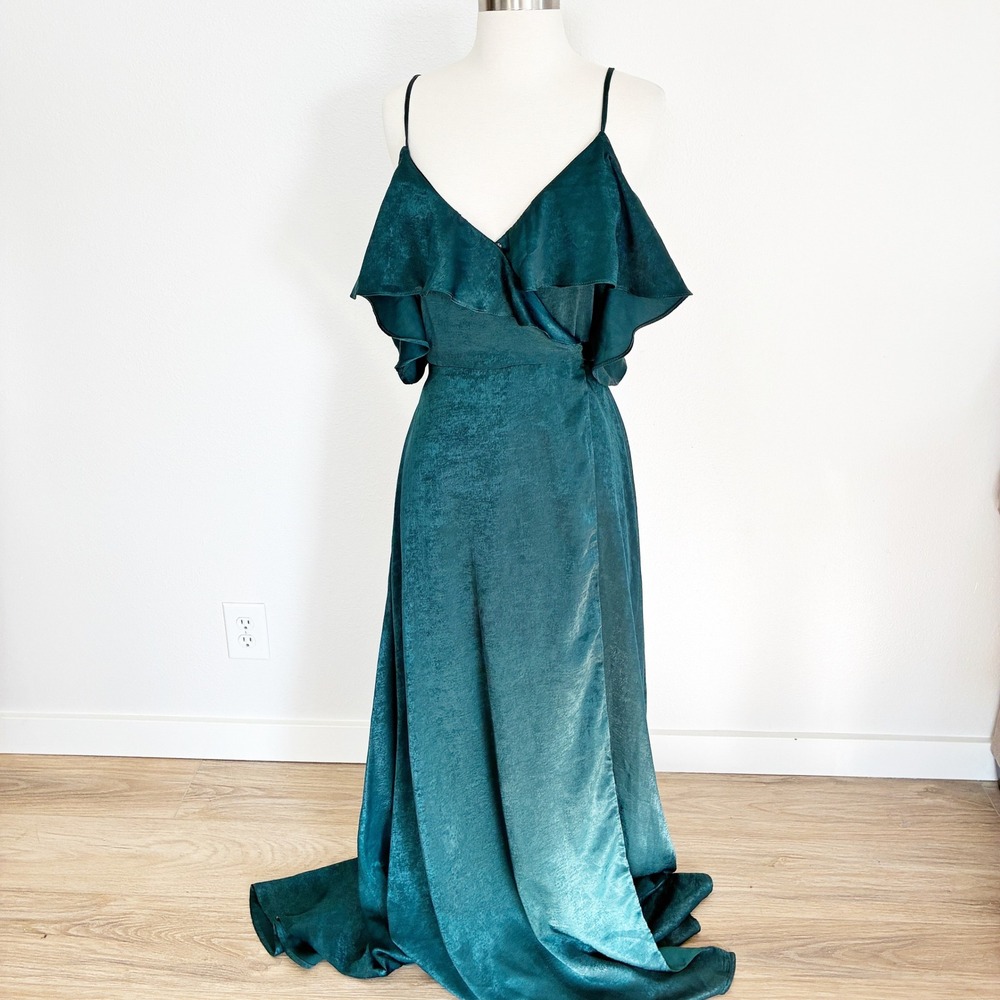 Lulus Wrap Maxi Dress Womens S Teal Green Ruffle V-Neck Satin Gown Event NWT